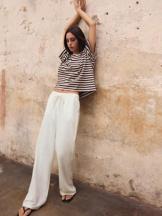 Obrázek produktu Stradivarius Kalhoty Se Šňůrkami Lněného Vzhledu White