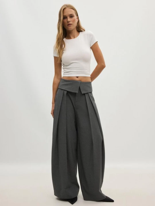 Obrázek produktu Stradivarius Kalhoty Wide Leg Se Zahnutým Pasem Dark Grey