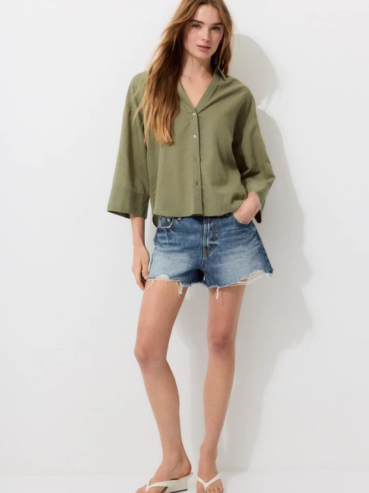 Obrázek produktu Stradivarius Košile S Kimonovými Rukávy A Lněným Efektem Khaki