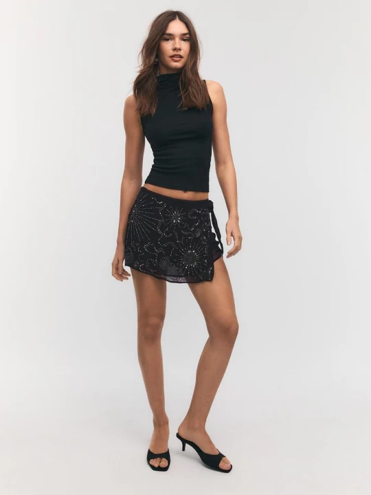 Obrázek produktu Stradivarius Mini Kalhotová Sukně Pareo S Výšivkami Black