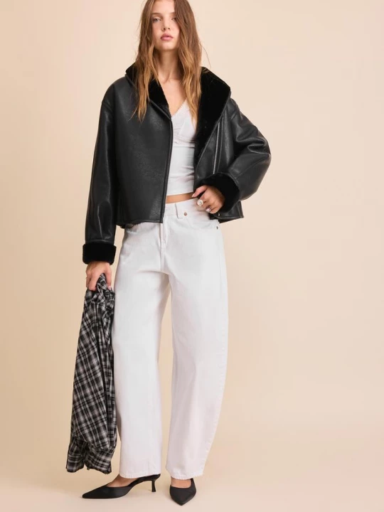 Obrázek produktu Stradivarius Oboustranná Bunda Z Imitace Kůže Se Šálovým Límcem Černá