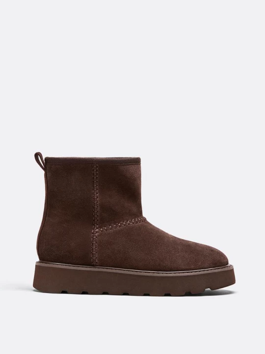 Obrázek produktu Stradivarius Ploché Kožené Kotníkové Boty S Kožešinovou Podšívkou Hnědá