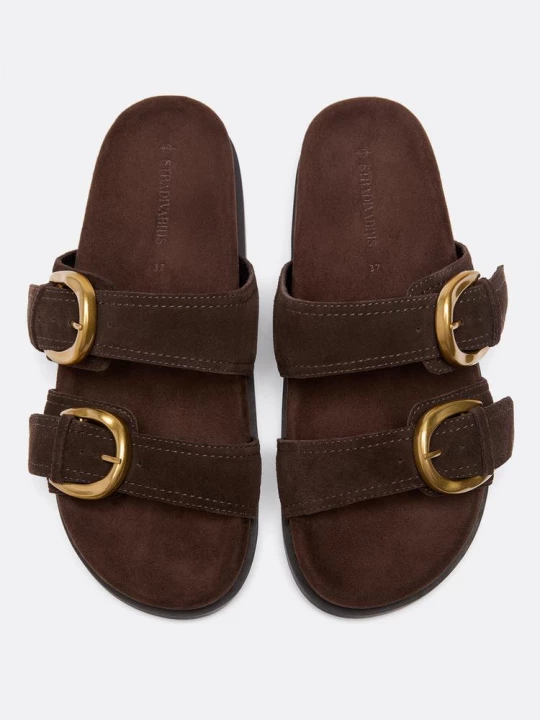 Obrázek produktu Stradivarius Ploché Kožené Sandály S Přezkami Hnědá