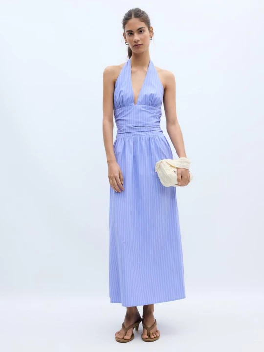 Obrázek produktu Stradivarius Popelínové Midi Šaty S Halter Výstřihem Blue