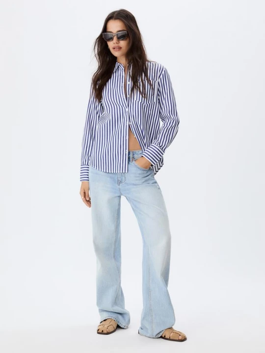 Obrázek produktu Stradivarius Proužkovaná Popelínová Košile Basic S Kapsou Navy Blue