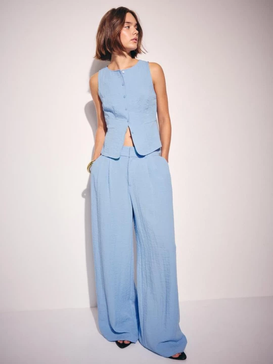 Obrázek produktu Stradivarius Rustikální Kalhoty Wide Leg S Nastavitelnými Knoflíky Modrá