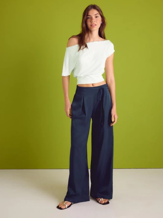 Obrázek produktu Stradivarius Splývavé Kalhoty S Efektem Zmačkané Látky A Mašlí Navy Blue