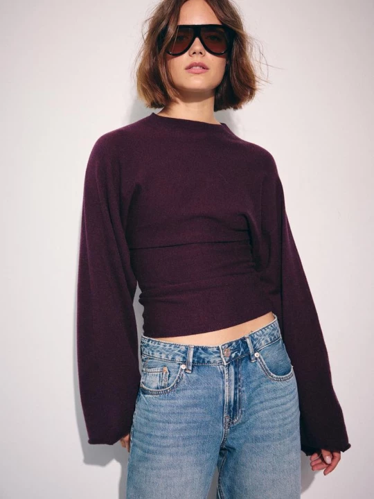 Obrázek produktu Stradivarius Úpletový Svetr Kimonový Rukáv A Stojáček Tmavě Purpurová