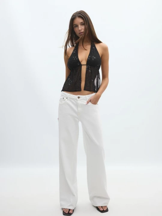 Obrázek produktu Stradivarius Vyšívaný Top Halter S Třpytkami Black