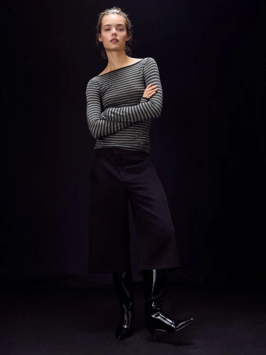 Obrázek produktu Stradivarius Základní Vlněný A Hedvábný Svetr S Lodičkovým Výstřihem A Pruhy Dark Grey