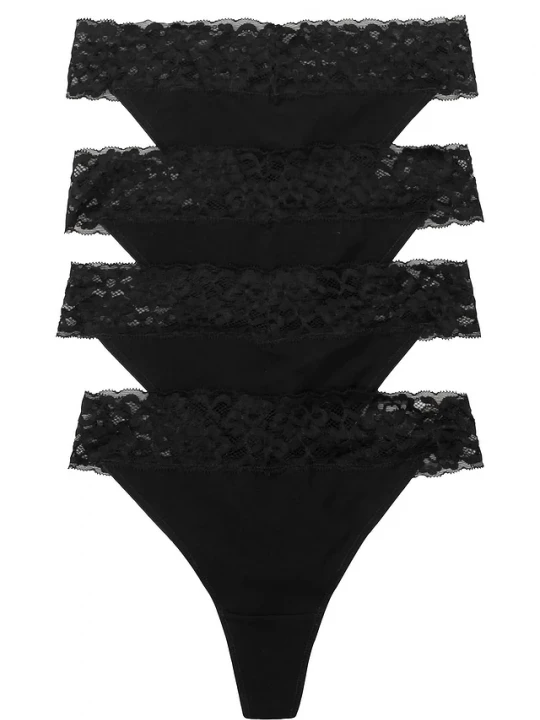 Obrázek produktu Stringi z bawełną i koronką (4 pary) BonPrix czarny