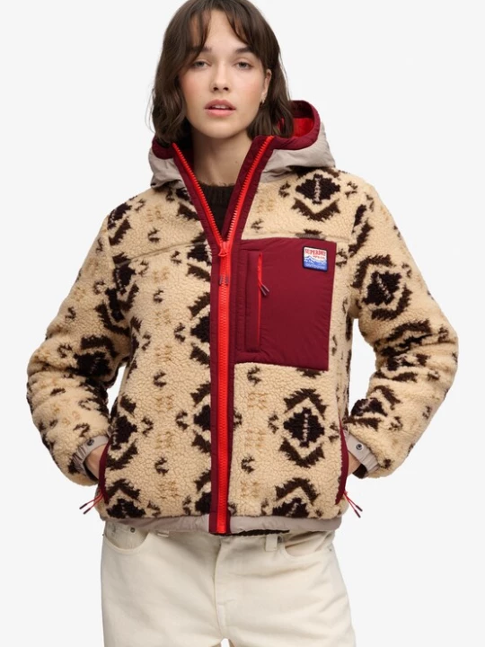 Obrázek produktu Superdry & Co Fleecová mikina béžová / pueblo / tmavě hnědá / bordó