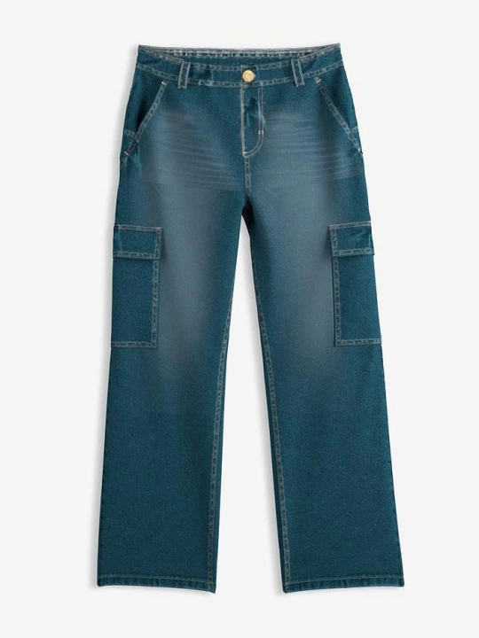 Obrázek produktu Szerokie jeansy bojówki mid waist BonPrix niebieski