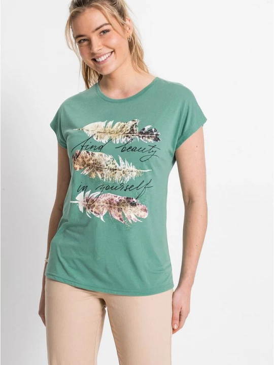 Obrázek produktu T-shirt z brokatowym nadrukiem BonPrix zielony
