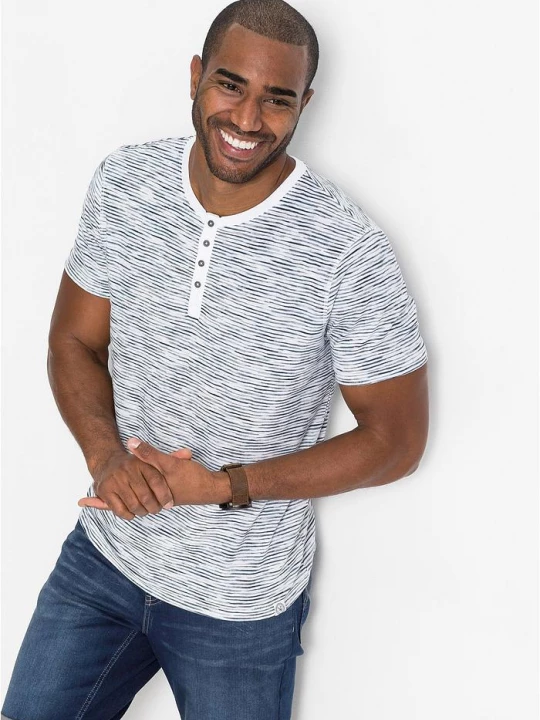 Obrázek produktu T-shirt z dekoltem henley z czystej bawełny, krótki rękaw BonPrix niebieski