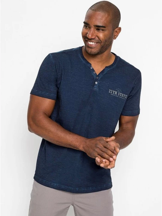 Obrázek produktu T-shirt z dekoltem henley z krótkim rękawem, z efektem sprania, z czystej bawełny organicznej BonPrix niebieski