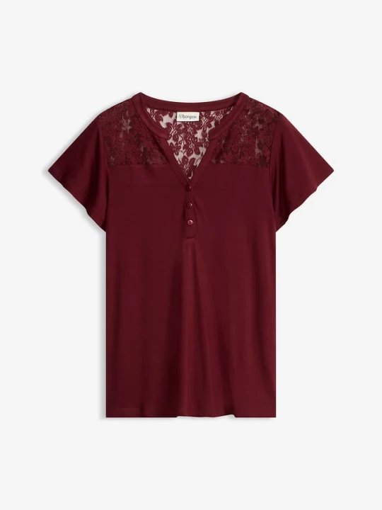 Obrázek produktu T-shirt z dekoltem henley z mieszanki wiskozy BonPrix czerwony