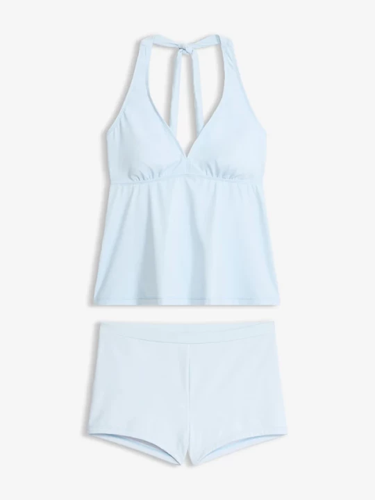 Obrázek produktu Tankini z dekoltem typu halter i spodenkami bikini (2 części) BonPrix niebieski