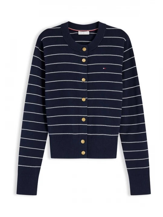 Obrázek produktu TOMMY HILFIGER Kardigan 'Logo Gold-tone Button' námořnická modř / bílá