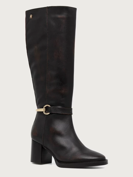 Obrázek produktu Tommy Hilfiger kozačky nad kolena na sloupku dámské kožené TH STUD HEEL RIDING KNEE BOOT hnědá