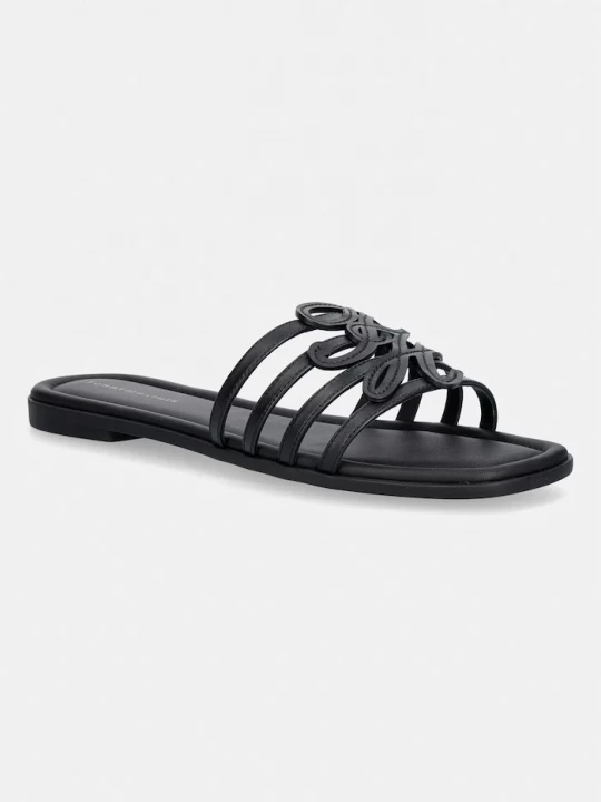 Obrázek produktu Tommy Hilfiger pantofle s odkrytými prsty dámské kožené TH SCRIPT FLAT MULE LTH černá