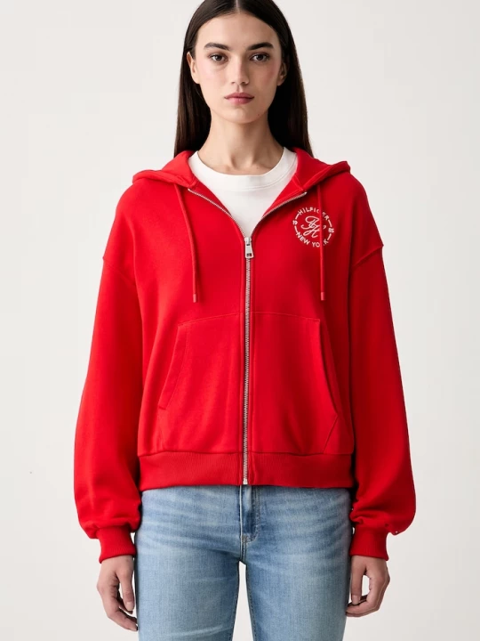 Obrázek produktu Tommy Hilfiger rozepínací mikina s kapucí dámská bavlněná červená