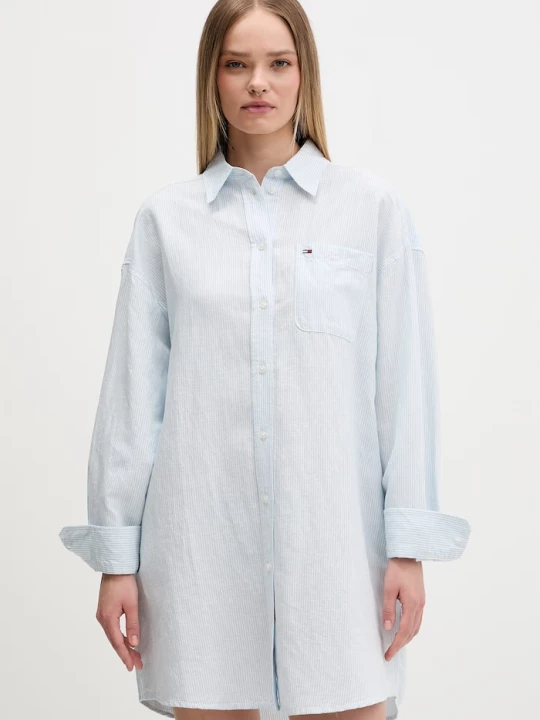 Obrázek produktu Tommy Jeans košilové šaty se lnem modrá