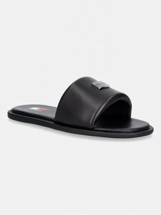 Obrázek produktu Tommy Jeans pantofle na plochém podpatku dámské kožené TJW SOFT PADDED CASUAL SLIDE černá