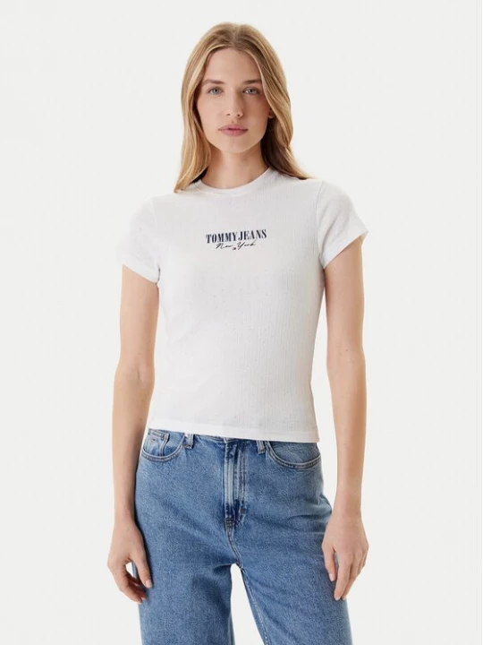 Obrázek produktu Tommy Jeans T-Shirt Logo Pointelle DW0DW20899 Écru Slim Fit Krémová