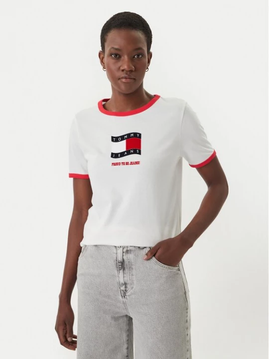 Obrázek produktu Tommy Jeans T-Shirt Wavy Flag Contrast Ringer DW0DW22306 Bílá Regular Fit