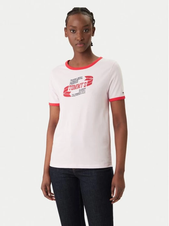 Obrázek produktu Tommy Jeans T-Shirt Wavy Flag Contrast Ringer DW0DW22306 Růžová Regular Fit