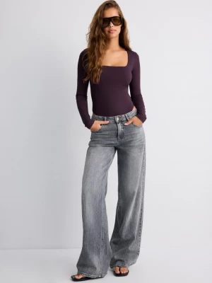 Obrázek produktu Stradivarius Body Hranatým Výstřihem A Dlouhým Rukávem Dark Purple