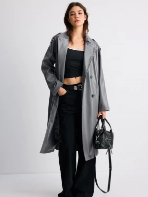 Obrázek produktu Stradivarius Dlouhý Trenčkot Z Imitace Kůže Dark Grey