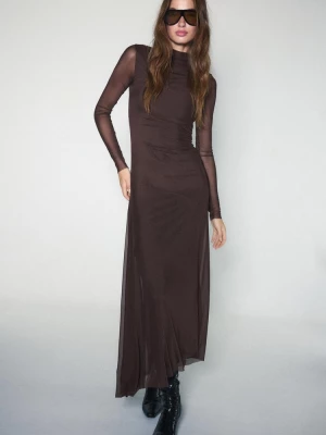 Obrázek produktu Stradivarius Midi Šaty Z Tylu, Dlouhý Rukáv Brown