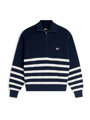 Obrázek produktu Tommy Jeans Svetr 'Tommy Badge Stripe Quarter-zip' marine modrá / bílá