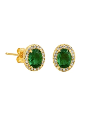 Obrázek produktu VANGUERATI Náušnice 'Oval Emerald Zirconia Halo Stud | 18K Gold Plated Sterling Silver' smaragdová