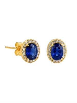Obrázek produktu VANGUERATI Náušnice 'Oval Sapphire Zirconia Halo Stud | 18K Gold Plated Sterling Silver' tmavě modrá